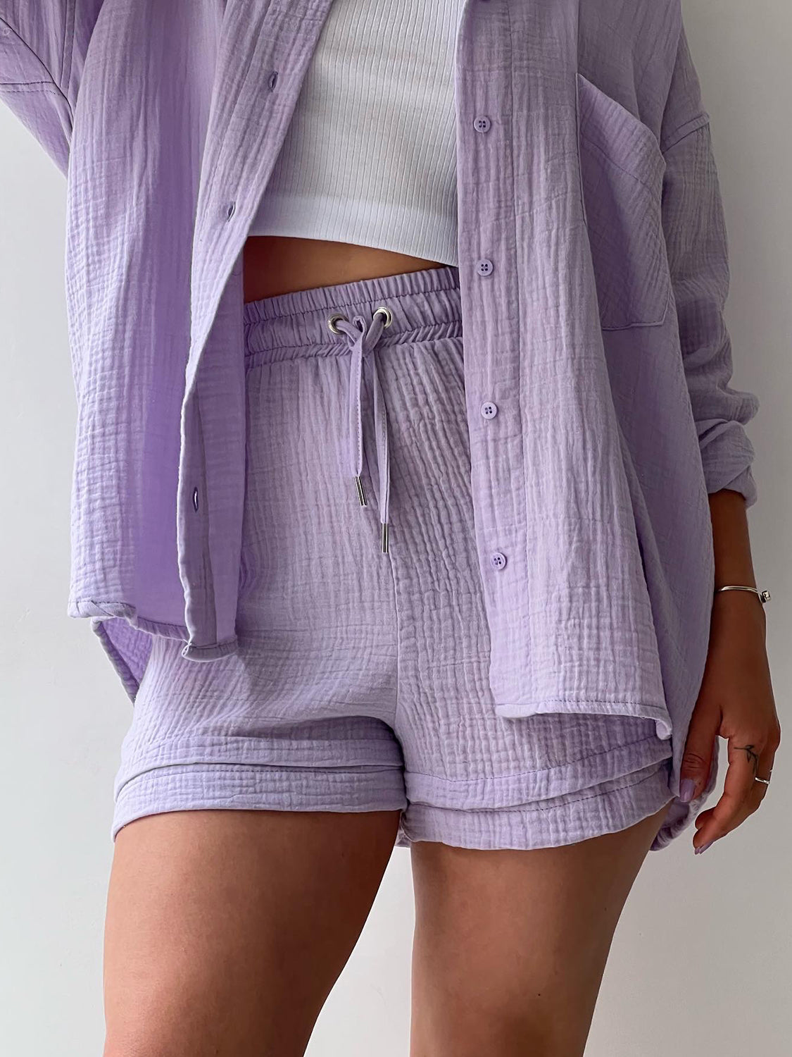 Texture Button Up Shirt and Drawstring Shorts Set